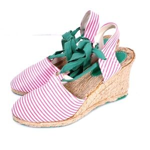 GAP Pink & White Striped Wedge Espadrilles Green Ribbon Sz 8 Preppy Coastal Chic
